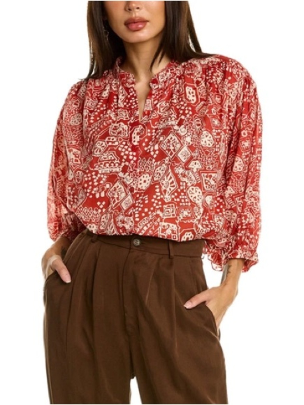 Rebecca Taylor Labyrinth Long Sleeve Button-Down Top Red